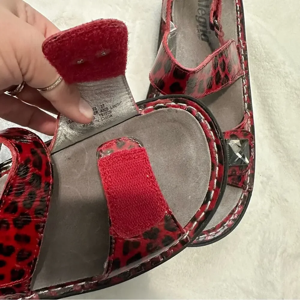 Alegria red snow leopard sandals open toe Velcro silver embellished size 37